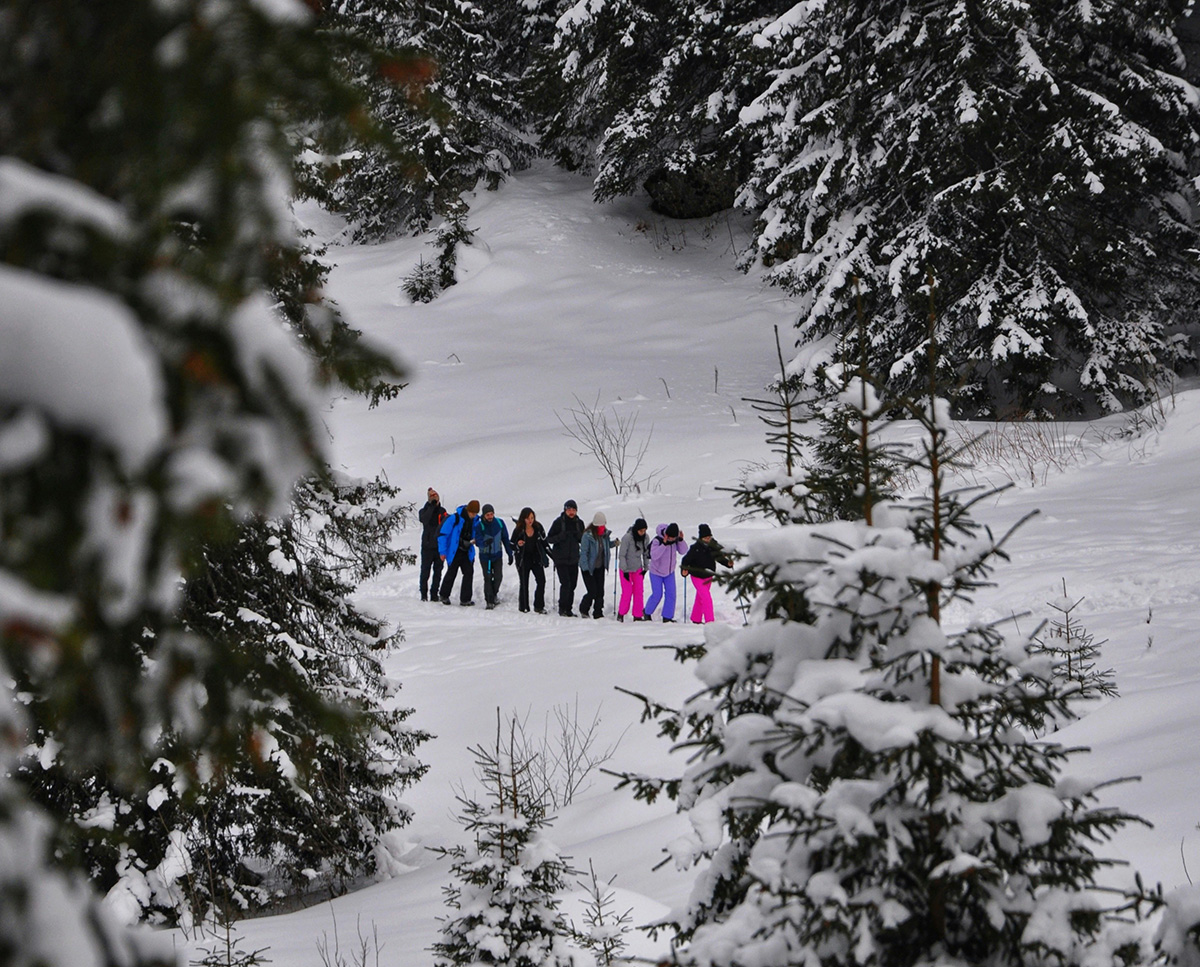 Des skieurs décendent une pente à la station pyréenées 2000